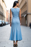 Sky Blue Satin Ruched Bodycon Midi Work Dress with Ruffles