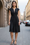 A Line Satin Black Ruched Short Sleeves Midi Work Dress