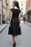 A Line Satin Black Ruched Short Sleeves Midi Work Dress