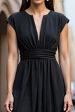 A Line Satin Black Ruched Short Sleeves Midi Work Dress
