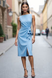Sky Blue Ruched Satin Bodycon Midi Work Dress with Drape