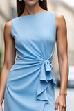Sky Blue Ruched Satin Bodycon Midi Work Dress with Drape