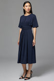 Navy Satin A Line Ruched Midi Work Dress