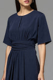 Navy Satin A Line Ruched Midi Work Dress