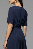 Navy Satin A Line Ruched Midi Work Dress