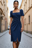 Navy Midi Bodycon Satin Square Neck Ruched Work Dress