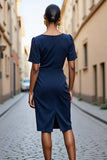 Navy Midi Bodycon Satin Square Neck Ruched Work Dress