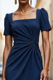 Navy Midi Bodycon Satin Square Neck Ruched Work Dress