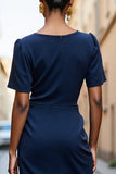 Navy Midi Bodycon Satin Square Neck Ruched Work Dress