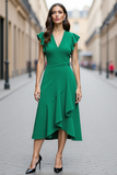 A Line V Neck Green Ruffled Midi Work Dress with Sleeves