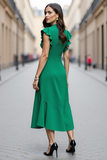 A Line V Neck Green Ruffled Midi Work Dress with Sleeves