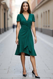 Dark Green A Line Satin Short Sleeves V Neck Midi Work Dress with Ruffles