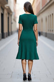 Dark Green A Line Satin Short Sleeves V Neck Midi Work Dress with Ruffles
