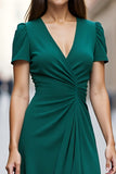 Dark Green A Line Satin Short Sleeves V Neck Midi Work Dress with Ruffles