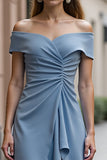 Grey Blue Satin A Line Off the Shoulder Ruched Midi Work Dress with Ruffles