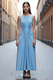 Sky Blue Satin Ruched A Line Maxi Work Dress