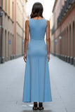 Sky Blue Satin Ruched A Line Maxi Work Dress