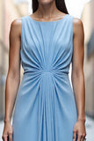 Sky Blue Satin Ruched A Line Maxi Work Dress