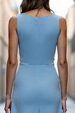 Sky Blue Satin Ruched A Line Maxi Work Dress