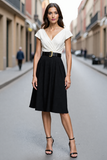 Black and White Midi Satin A Line V Neck Work Dress