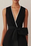 A Line Black Satin V Neck Midi Work Dress with Bow