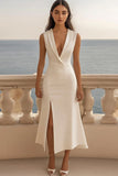 Midi Ivory Bodycon Satin Shawl Lapel Work Blazer Dress with Slit
