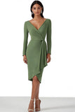 Bodycon Dusty Sage Satin Midi Work Dress with Long Sleeves