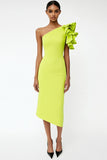 Sheath Midi Lemon Yellow Satin Ruffled Formal Dress