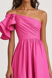 A Line Fuchsia One Shoulder Satin Ruffled High Low Formal Dress