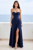 Navy A Line Sweetheart Maxi Satin Formal Dress with Slit