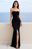 Maxi Black Sweetheart Sheath Satin Formal Dress with Slit