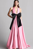 Maxi A Line Pink Halter Satin Formal Dress with Bow