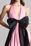 Maxi A Line Pink Halter Satin Formal Dress with Bow