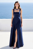 Navy Satin A Line Square Neck Maxi Formal Dress with Slit
