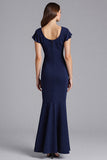 Navy Sheath Satin Long Formal Dress with Sleeves