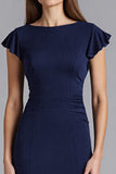 Navy Sheath Satin Long Formal Dress with Sleeves
