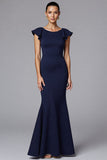 Elegant Navy Sheath Satin Maxi Formal Dress with Ruffles