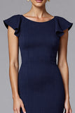 Elegant Navy Sheath Satin Maxi Formal Dress with Ruffles