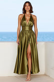 A Line Halter Olive Satin Backless Maxi Formal Dress with Slit