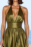 A Line Halter Olive Satin Backless Maxi Formal Dress with Slit