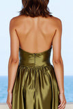 A Line Halter Olive Satin Backless Maxi Formal Dress with Slit