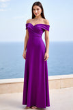 Sheath Plum Off the Shoulder Satin Ruched Maxi Formal Dress