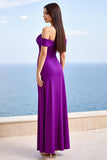 Sheath Plum Off the Shoulder Satin Ruched Maxi Formal Dress