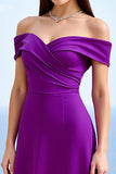 Sheath Plum Off the Shoulder Satin Ruched Maxi Formal Dress