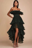 Dark Green A Line Strapless Ruffled Long Formal Dress