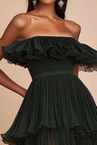 Dark Green A Line Strapless Ruffled Long Formal Dress
