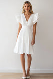 Ivory A Line V Neck Chiffon Short Graduation Dress with Ruffles