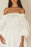 Ivory Puff Sleeves Satin Mini Graduation Dress with Ruffles