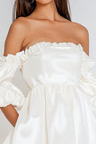 White Satin Puff Sleeves Mini Graduation Dress with Ruffles