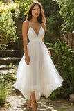White V-Neck Tulle Long A Line Engagement Dress